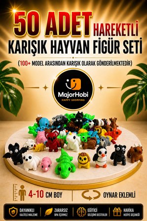 50 Adet Hareketli Eklemli Karışık Hayvan Figür Seti 4-10 cm (100+ Model)
