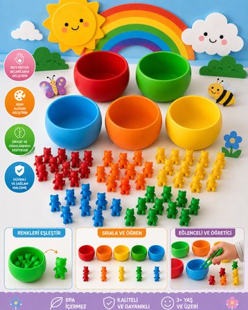 Renk Eşleştirme Oyunu Montessori Eğitim Seti Renkleri Kaselere Yerleştirme Oyunu