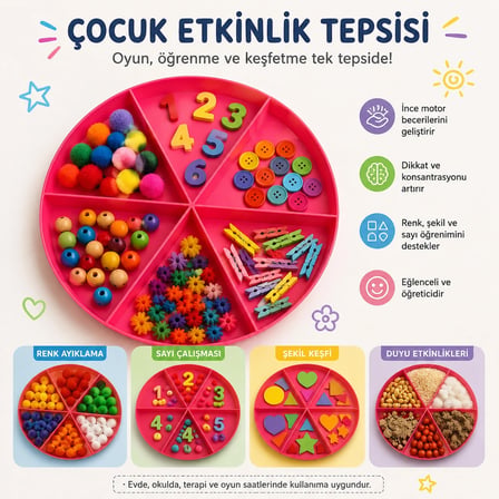 6 Bölmeli Duyusal Oyun ve Aktivite Tepsisi - Montessori Eğitici Materyal (Pembe) - Kopya