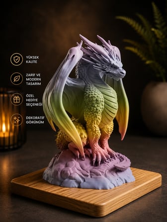 Rainbow Geçişli Ejderha Biblo Dekoratif Obje  3D Baskı Fantastik Dragon Figür