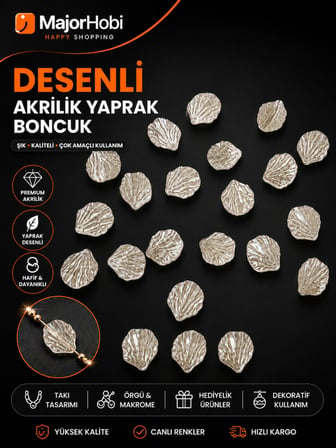 Desenli Akrilik Yaprak Boncuk inci Beyaz 50 Adet Takı ve Hobi Yapım Aparatı - 20 mm