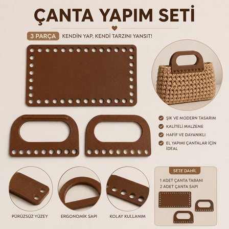 Çanta Yapım Seti Dikdörtgen Çanta Tabanı ve 2 Çanta Sapı 20x11 cm Kahverengi