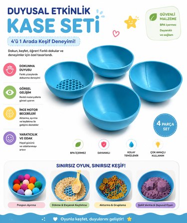 4lü Duyusal Oyun Kasesi Seti 85 mm Montessori Etkinlik Kabı Duyu ve Ayıklama Kasesi Mavi