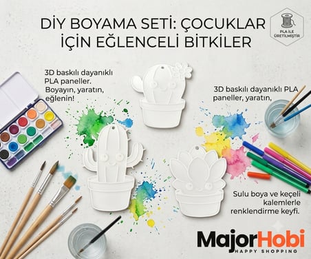 3lü Kaktüs Boyama Paneli Seti 8-10 cm  Boyanabilir Dekoratif Figür