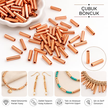 20 mm Metal Görünümlü Çubuk Boncuk – Takı Yapımı İçin Parlak Silindir Ara Boncuk