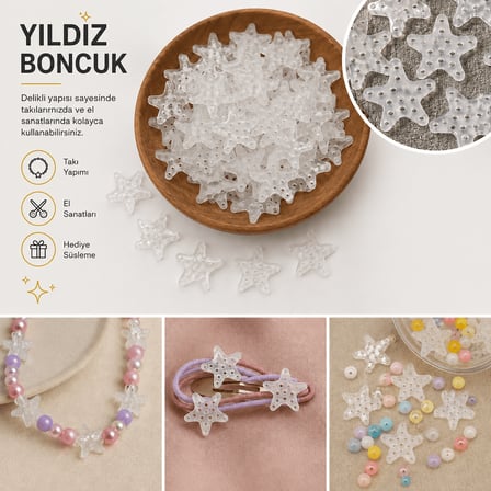34 mm Şeffaf Yıldız Boncuk – Takı ve El Sanatları İçin Delikli Dekoratif Akrilik Boncuk 30lu