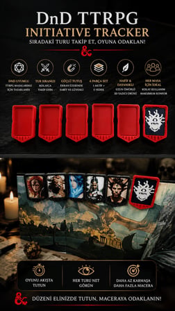 DnD TTRPG Initiative Tracker 6lı Set – Tur Sırası Takip Kartı ve Ekran Aparatı