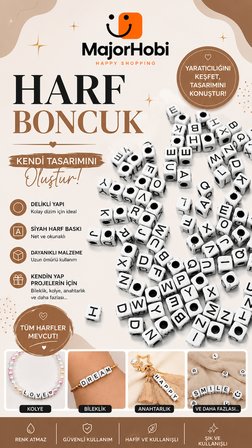 6x6 mm Harf Boncuk 100lü Paket – Beyaz Kare Alfabe Boncuğu Takı Yapımı ve DIY Malzemesi