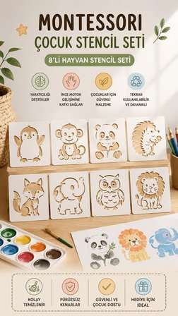 Montessori 8li Hayvan Figürlü Çocuk Boyama Stencil Seti 6,5x7,5 cm Tekrar Kullanılabilir Şablon