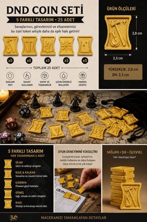 DND Coin Token Seti 25 Parça 5 Farklı Tasarım Masaüstü Rol Yapma Oyunu Oyun Jetonları