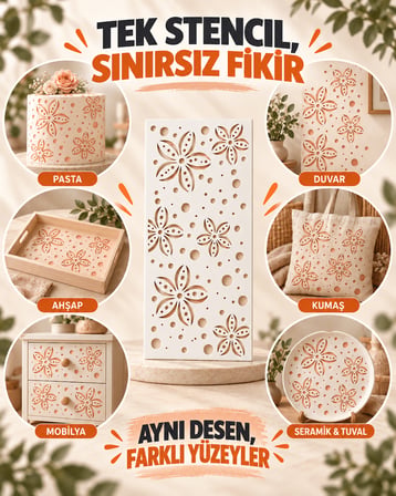 Desenli Stencil Şablon  Duvar, Hobi, Boyama ve Dekorasyon 11,5 x 22 cm