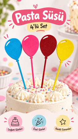 4’lü Balon Pasta Süsü 14 cm  Doğum Günü ve Özel Günler İçin Renkli Pasta Dekoru