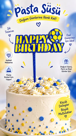 Happy Birthday Pasta Süsü 14x14 cm  Doğum Günü Pasta Dekoru ve Cake Topper