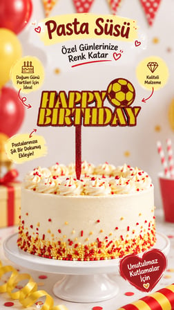 Happy Birthday Pasta Süsü 14x14 cm  Doğum Günü Pasta Dekoru ve Cake Topper
