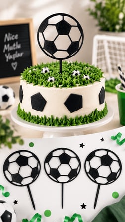 Futbol Topu Pasta Süsü 3’lü Set – Doğum Günü Cake Topper 16x10 cm - Siyah