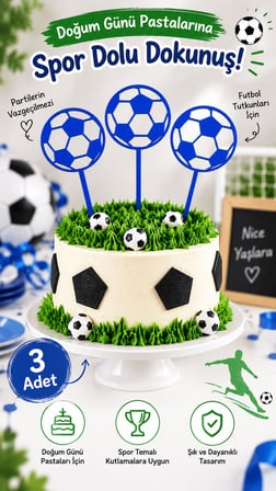 Futbol Topu Pasta Süsü 3’lü Set – Doğum Günü Cake Topper 16x10 cm - Mavi