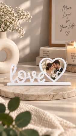 Love Yazılı Kalpli Fotoğraf Çerçevesi Masaüstü Dekoratif Çerçeve 20x10 cm - Beyaz