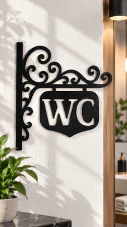 WC Yazılı Dekoratif Kapı Tabelası Siyah Tuvalet Banyo Duvar Süsü 20x18 cm