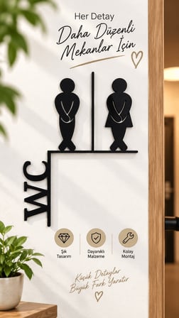 Kadın Erkek Figürlü WC Kapı Tabelası Siyah Dekoratif Tuvalet Tabelası 19x13 cm