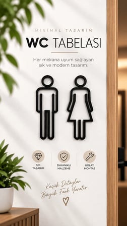 Kadın Erkek WC Kapı Tabelası Siyah Modern Tuvalet İşareti 19x13 cm