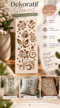 Çiçek Desenli Dekoratif Stencil Şablonu 6,5x15 cm – Boyama ve Hobi Şablonu