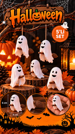 Süpürgeli Hayalet Figürü 6 cm 5’li Set – Halloween Dekoratif Süs