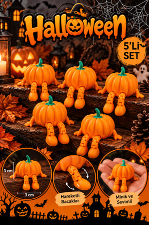 Hareketli Bacaklı Balkabağı Figürü 3 cm 5’li Set – Halloween Dekoru