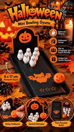 Halloween Mini Bowling Oyunu 8x17 cm – Balkabağı ve Hayalet Figürlü Masa Oyunu