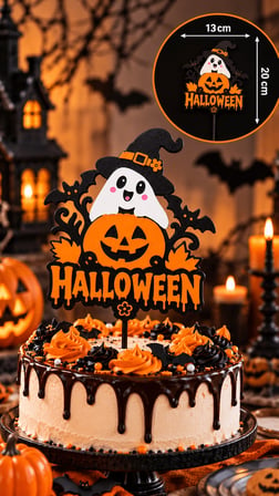 Halloween Pasta Süsü 13x20 cm – Balkabağı Hayalet Cadı Şapkalı Pasta Topper