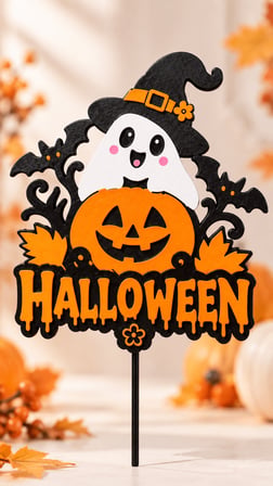 Halloween Pasta Süsü 13x20 cm – Balkabağı Hayalet Cadı Şapkalı Pasta Topper