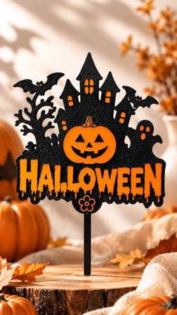 Halloween Pasta ve Çiçek Süsü 15x10 cm – Balkabağı Perili Ev Topper Dekor