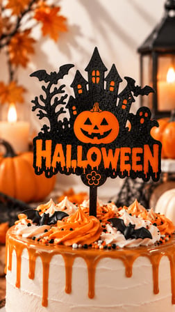 Halloween Pasta ve Çiçek Süsü 15x10 cm – Balkabağı Perili Ev Topper Dekor