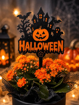 Halloween Pasta ve Çiçek Süsü 15x10 cm – Balkabağı Perili Ev Topper Dekor