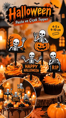 Halloween İskelet Pasta ve Cupcake Süsü 4-5x10 cm – Balkabağı RIP Topper Seti