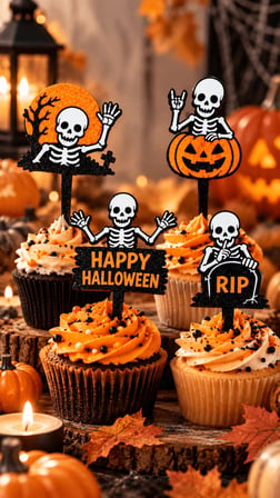 Halloween İskelet Pasta ve Cupcake Süsü 4-5x10 cm – Balkabağı RIP Topper Seti
