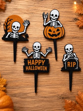 Halloween İskelet Pasta ve Cupcake Süsü 4-5x10 cm – Balkabağı RIP Topper Seti