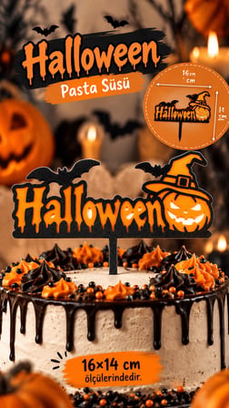 Halloween Pasta Süsü 13x16 cm – Cadı Şapkalı Balkabağı ve Yarasa Pasta Topper