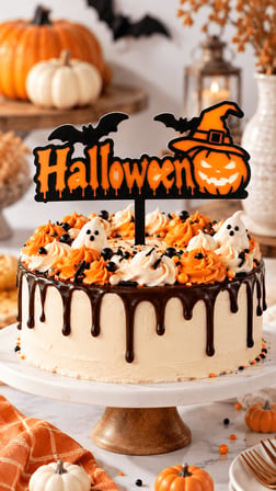 Halloween Pasta Süsü 13x16 cm – Cadı Şapkalı Balkabağı ve Yarasa Pasta Topper