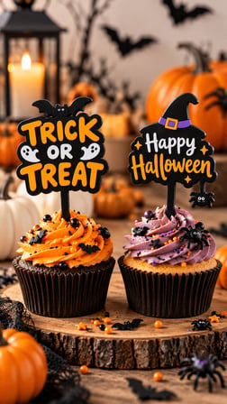 Halloween Pasta Süsü 2’li Set 5x8 cm – Trick or Treat ve Cadı Şapkalı Cupcake Topper