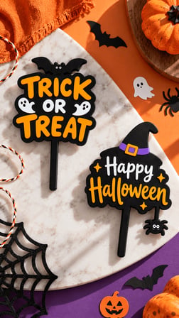 Halloween Pasta Süsü 2’li Set 5x8 cm – Trick or Treat ve Cadı Şapkalı Cupcake Topper
