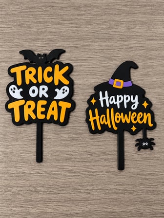 Halloween Pasta Süsü 2’li Set 5x8 cm – Trick or Treat ve Cadı Şapkalı Cupcake Topper