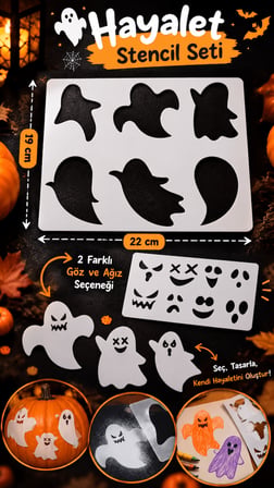 Hayalet Stencil Seti 19x22 cm – Halloween Yüz İfadeli Boyama ve Dekor Şablonu