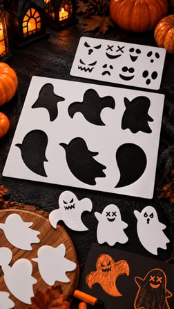 Hayalet Stencil Seti 19x22 cm – Halloween Yüz İfadeli Boyama ve Dekor Şablonu