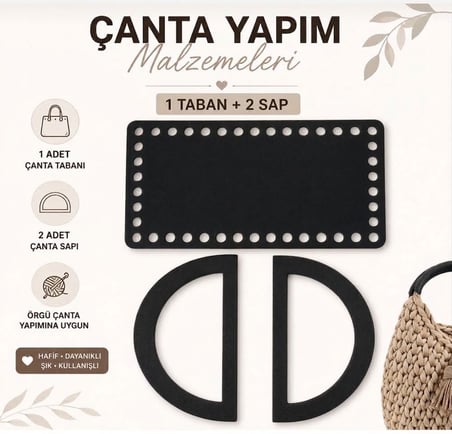 Çanta Yapım Seti Dikdörtgen Çanta Tabanı ve 2 Adet Çanta Sapı 20x11 cm Siyah