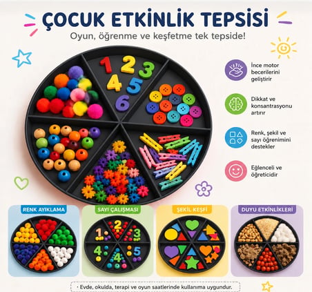 6 Bölmeli Duyusal Oyun ve Aktivite Tepsisi - Montessori Eğitici Materyal (Siyah)
