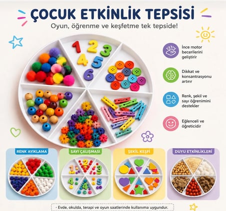 6 Bölmeli Duyusal Oyun ve Aktivite Tepsisi - Montessori Eğitici Materyal (Beyaz)