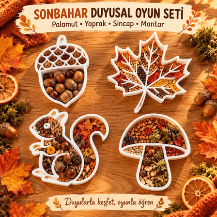 Sonbahar Duyusal Oyun Tepsisi 4lü Set 7-12 cm – Palamut Yaprak Sincap Mantar