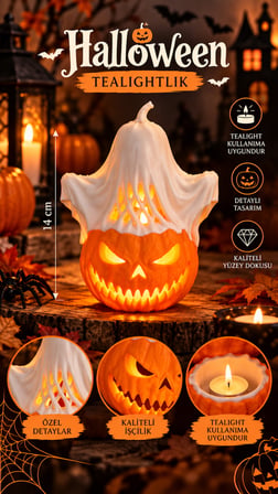 Halloween Balkabağı Hayalet Tealight Mumluk 14 cm Dekoratif Korku Temalı Masa Süsü