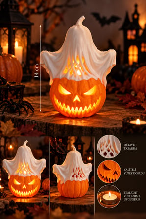 Halloween Balkabağı Hayalet Tealight Mumluk 14 cm Dekoratif Korku Temalı Masa Süsü