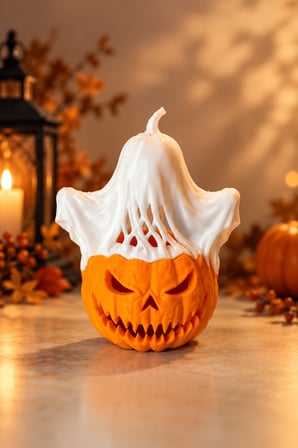 Halloween Balkabağı Hayalet Tealight Mumluk 14 cm Dekoratif Korku Temalı Masa Süsü
